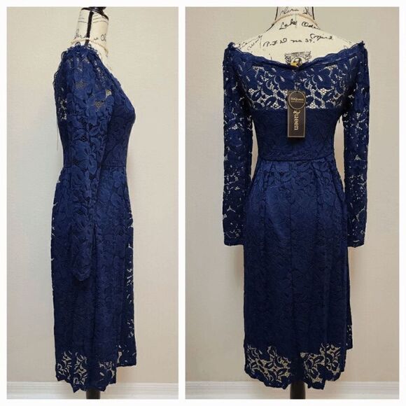 💙 Off Shoulder Lace Retro Pinup Vintage 1950s Long Sleeves Navy Dress L NWT - Picture 7 of 16